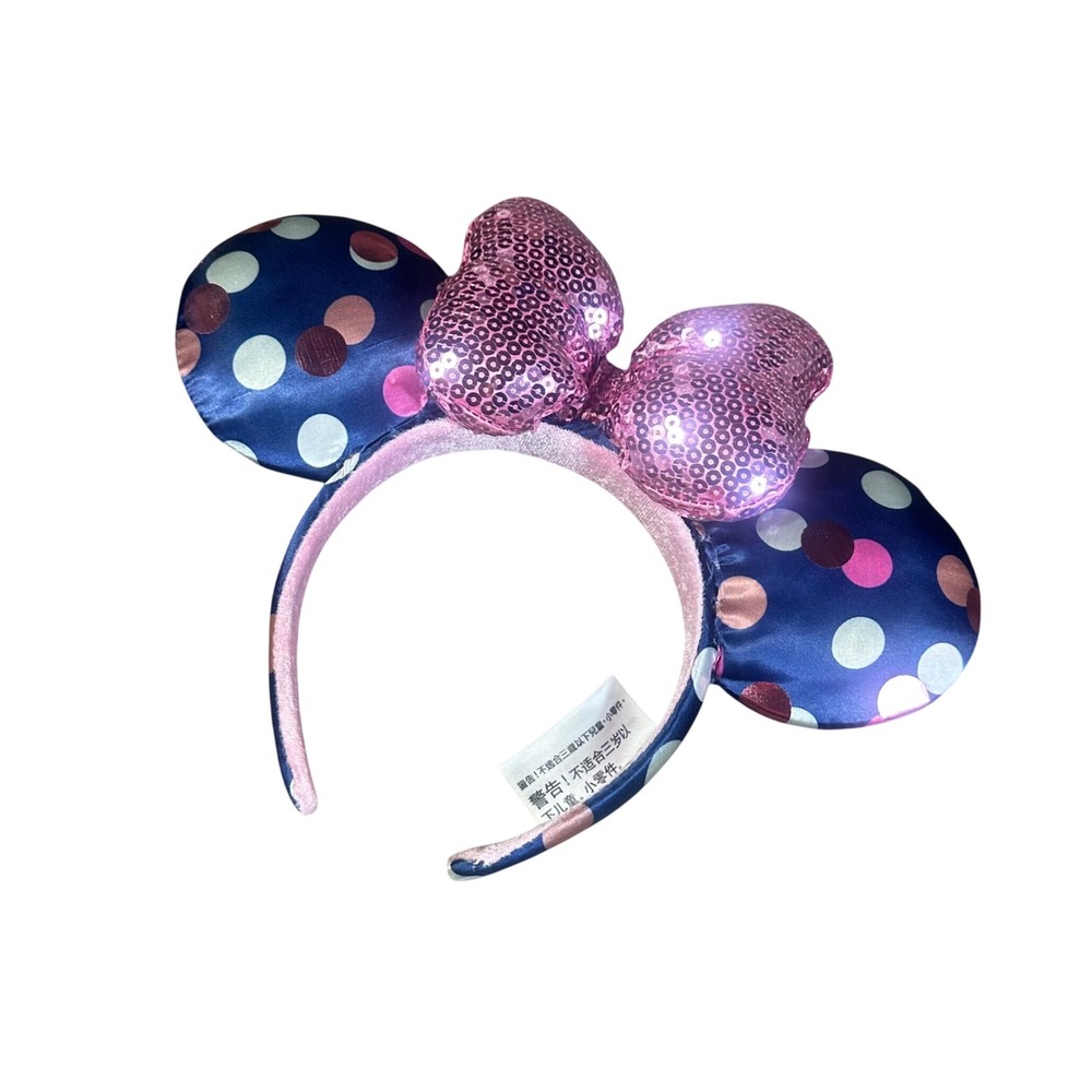 Disney Minnie Mouse Ears NWOT Women OS Navy Polka Dot Pink Sequin Bow Headband